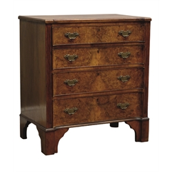  Queen Anne style inverted bow front walnut chest, with cross banded top above four burr veneer drawers enclosed by projecting fluted columns, on bracket feet, W76cm, H86cm, D49cm   