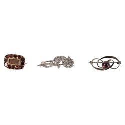 Silver-gilt filigree enamel necklace, silver stone set brooch by Charles Horner, silver marcasite brooch and a gold plated stone set hair work brooch