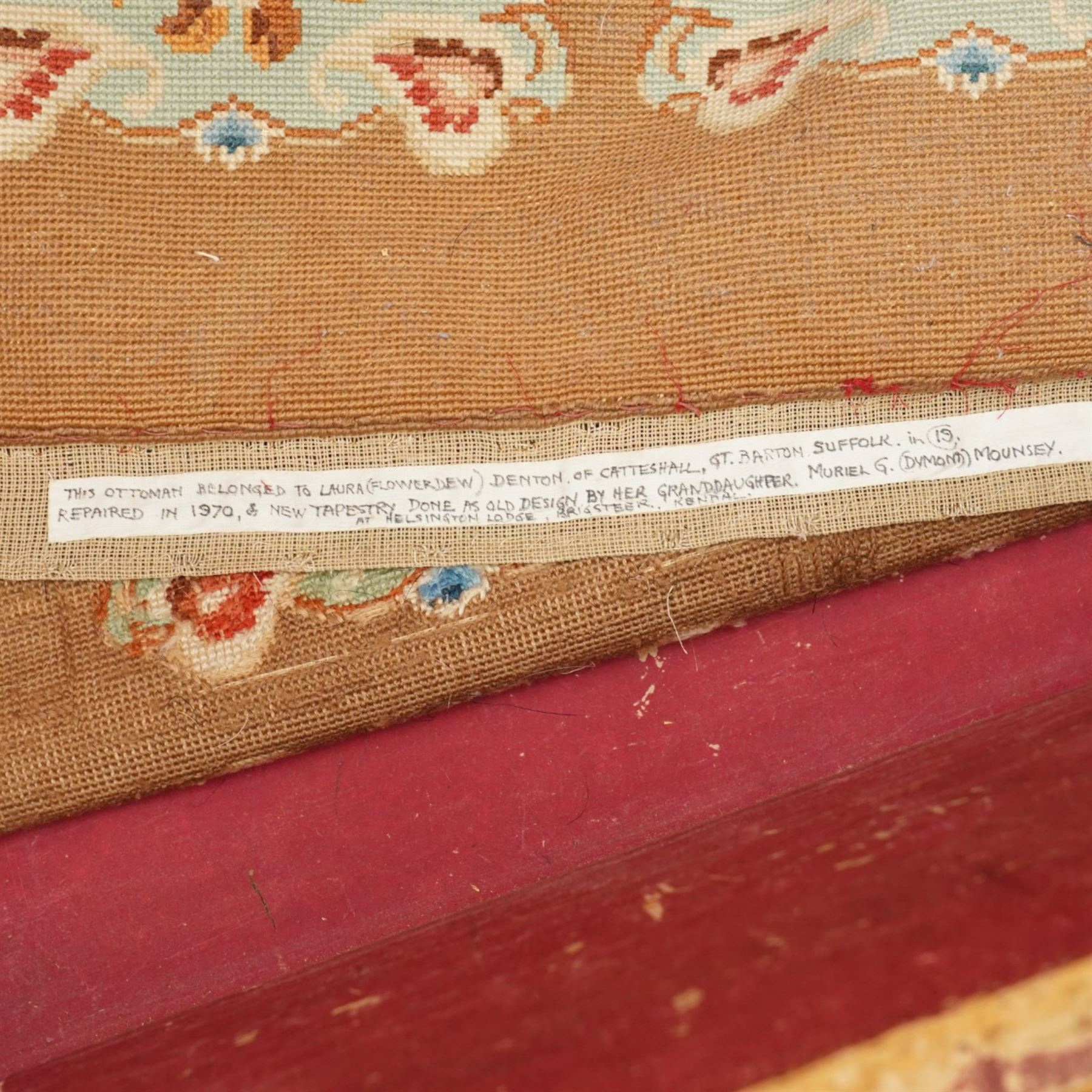 Victorian Ottoman with tapestry cover, with multicoloured geometric needlepoint cover, hinged to reveal a pink paper lined interior, the base covered in green velour fabric, raised on later castors
