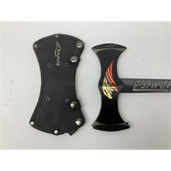 Estwing Black Eagle style double bit throwing axe with leather grip, virtually mint with labels present, plastic blade protectors and nylon sheath L43cm; another smaller Estwing axe stamped 24A to the pommel, with leather grip and sheath; and a vintage short handled hedge knife, the blade stamped IH (?) No.2 (3)