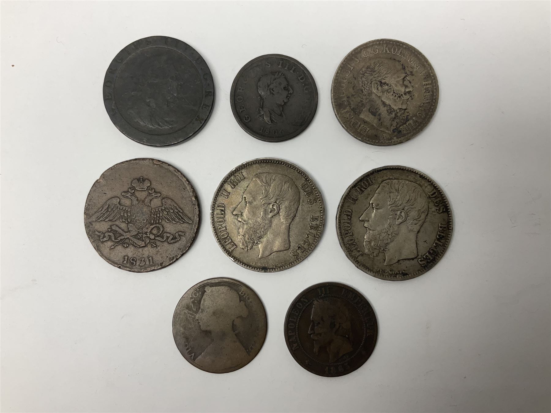 Two Belgium silver five franc coins dated 1868 and 1870, Kingdom of Hannover 1845 one thaler etc (8)