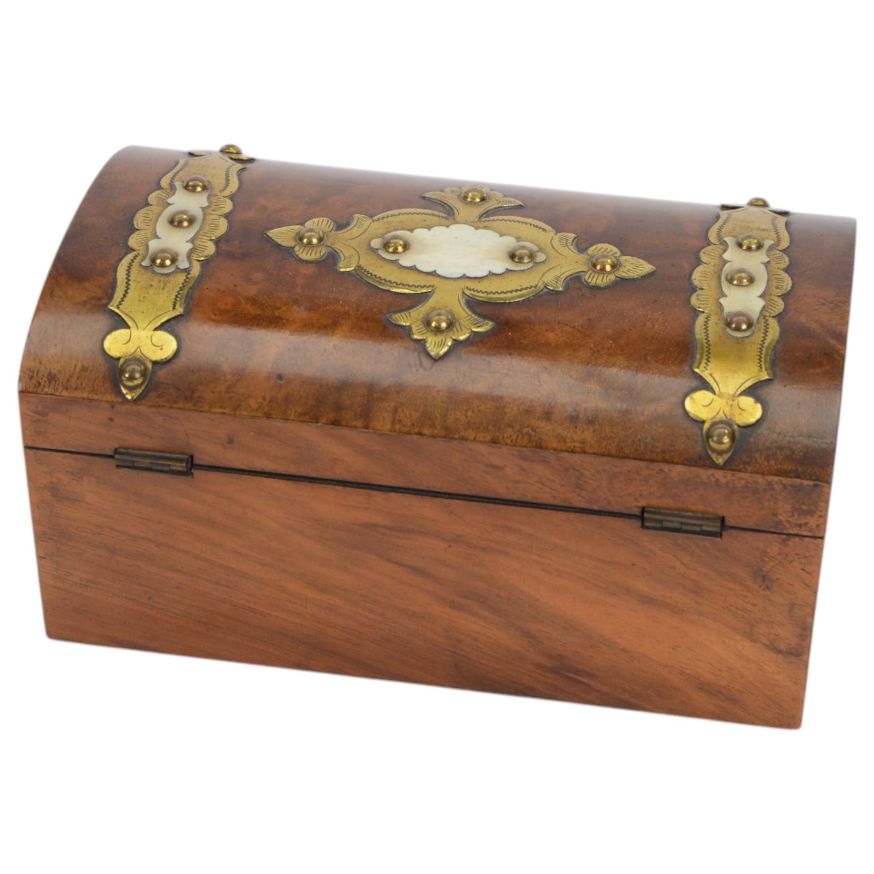 19th century burr walnut tea caddy, with brass and ivory mounts to domed cover, opening to reveal two lidded compartments, with key, H10cm
This item has been registered for sale under Section 10 of the APHA Ivory Act