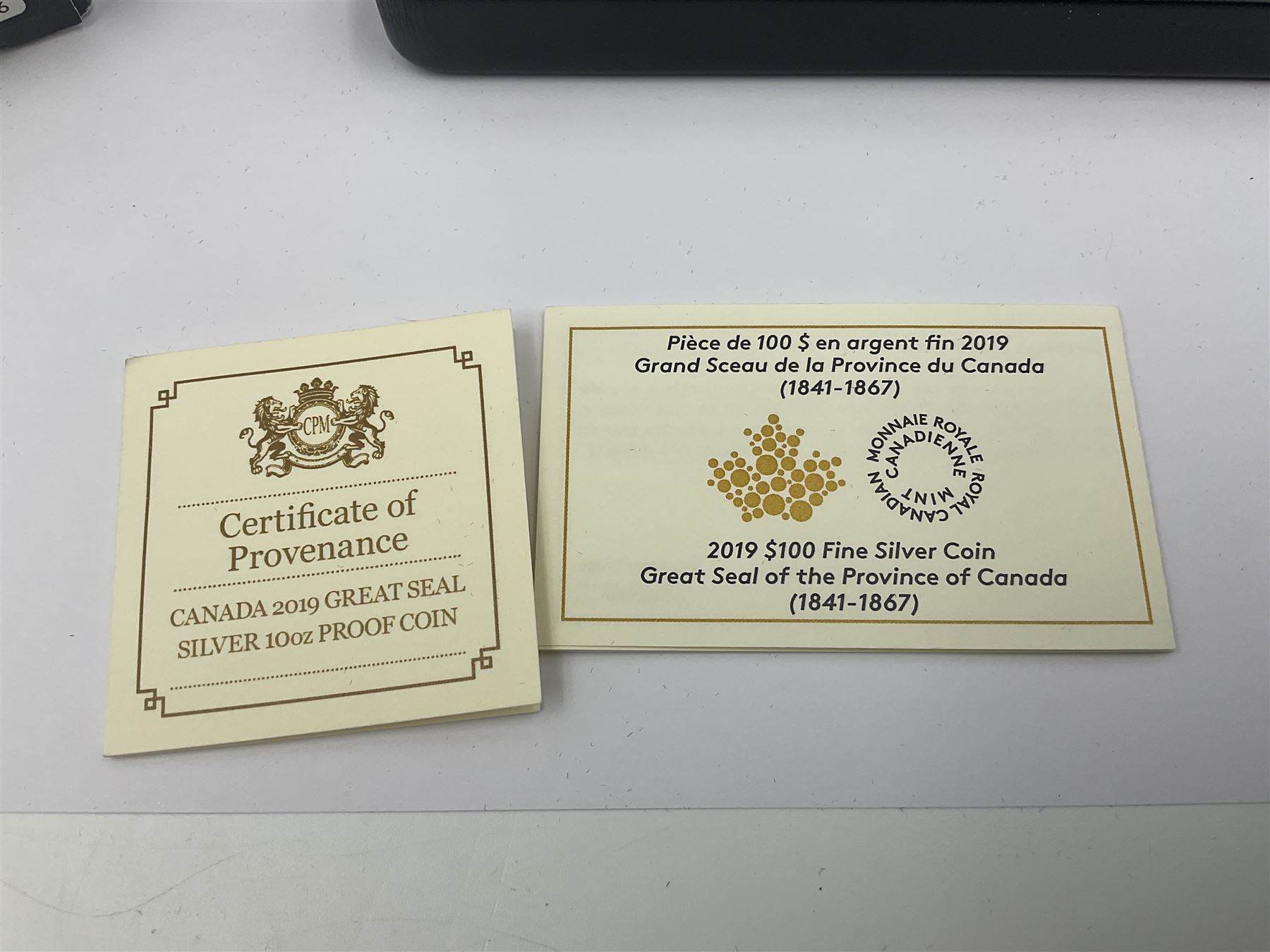 Royal Canadian Mint 2019 'Great Seal of the Province of Canada' fine silver one-hundred dollars coin, cased with certificate