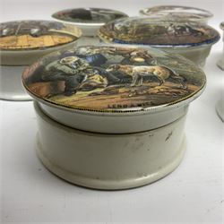 Seven 19th century Prattware pot lids with associated bases, including 'The Snow Drift', 'Strathfieldsaye The Seat of the Duke of Wellington', 'The Late Prince Consort', 'French Street Scene', Lend a Bite', 'Dr Johnson' and 'Sandringham the Seat of HRH The Prince of Wales', largest D12cm (7)