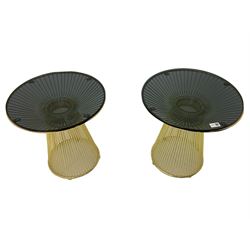 Pair of contemporary bright gold wire work circular lamp tables, with smokey blue glass tops 
