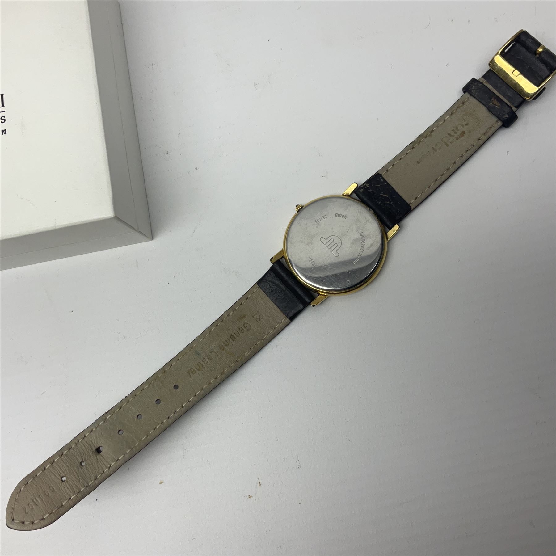 Maurice Lacroix gentlemans quartz wristwatch, 92127, with gold plated case, date apeture and leather strap, together with a Swarovski Crystal bracelet, two silver brooches and two costume brooches