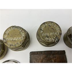 Three brass cart wheel hub caps for W. Johnson & Son Builders Hull, another for W. Harrison Builder Hull, copper printing plate for Hull & Barnsley Railway Timetable, two Hull & District Road Transport Training Group Advanced Driver car badges and framed 1952 car road task disc (8)  