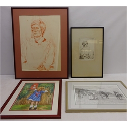  Portrait of a Girl, etching indistinctly signed Eileen Coe?, Choir Boy, pastel drawing signed by Judy Smith, Donkey Rides, print signed by John S Gibb and Posting a Letter, watercolour unsigned max 53cm x 39cm (4)  