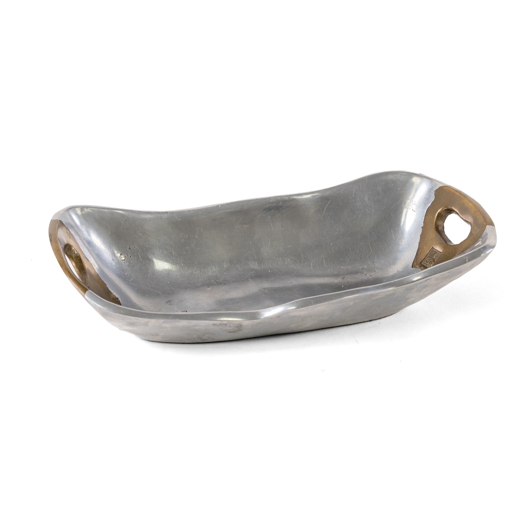 David Marshall Vide-Poche aluminium and brass brutalist tray, signed to handle, H6cm 