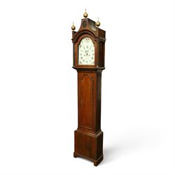 John Hall of Beverley - George III oak eight-day longcase clock, the painted arched dial with subsidiary seconds and date aperture, floral decoration, the case with pagoda top, pierced fretwork panel, brass ball finials, fluted pilasters and arched trunk door