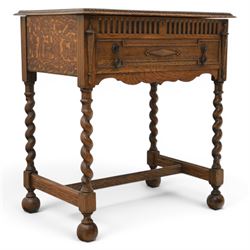 Early 20th century oak cased canteen on barleytwist stand, hinged top with fitted baized l...