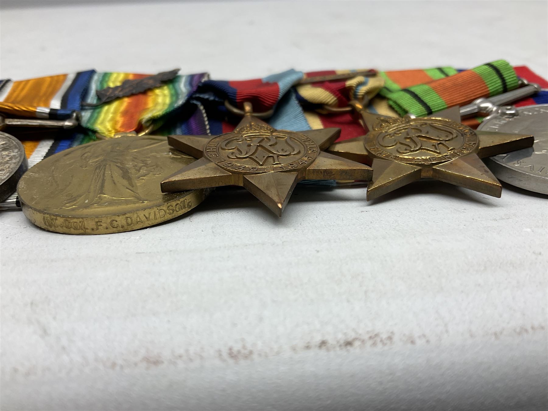 WW1/WW2 Military Cross group of eight medals comprising M.C., 1914 Star with 5th Aug.-22nd Nov.1914 clasp, British War Medal and Victory Medal with MID oak leaves awarded to Lieut. (later Lieut./Col) F.C. Davidson R.A.M.C., 1939-1945 Star, Africa Star with 1st Army clasp, 1939-1945 War Medal and Defence Medal; with single page copy of research material