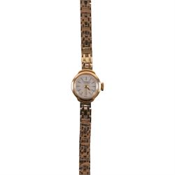 J W Benson ladies 9ct gold manual wind wristwatch, on 9ct gold bracelet, hallmarked, boxed