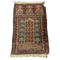 Afghan Baluch pray rug, overall geometric design (125cm x 82cm), and a smaller mat decorated with Gul motifs