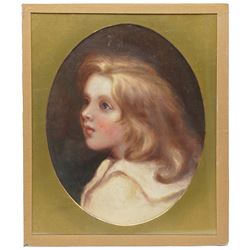 Manner of Sir Thomas Lawrence (British 1769-1830): Portrait of a Fair-Haired Child, oil on canvas laid on to board unsigned, possibly inscribed 'Cheltenham' on partial label verso 38cm x 30cm