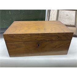 Green painted fishing box, jewellery box and two wood oak trinket boxes and wooden coal box