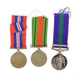 WWII pair of war medals comprising 1939-1945 War Medal and Defence Medal together with General Service Palestine medal with 1945-1958 clasp, awarded to LAC E Fearnley 2204946 Royal Air Force