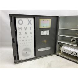 Mid 20th century optician's illuminated eye test chart, cased in grey metal box with separate control switch box, H55cm, L58cm