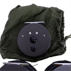 Three Hardy Bros Marquis fly fishing reels, comprising two No. 10 reels and a No.1 Salmon reel, two within black Hardy cases