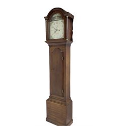 G Fortier of Sittingborn - Early 19th century 8-day mahogany longcase clock c1825, with a break arch pediment and hood door flanked by reeded pilasters with brass capitals, plain case with a long trunk door with a conforming break arch top, plinth with applied skirting, painted dial with upright Arabic numerals, date  and seconds dials, floral spandrels and a rural depiction of a country house and river to the arch, replacement steel hands with brass pointers to the calendar and seconds dials, dial pinned directly to a rack striking movement. With weights, pendulum and winding key.