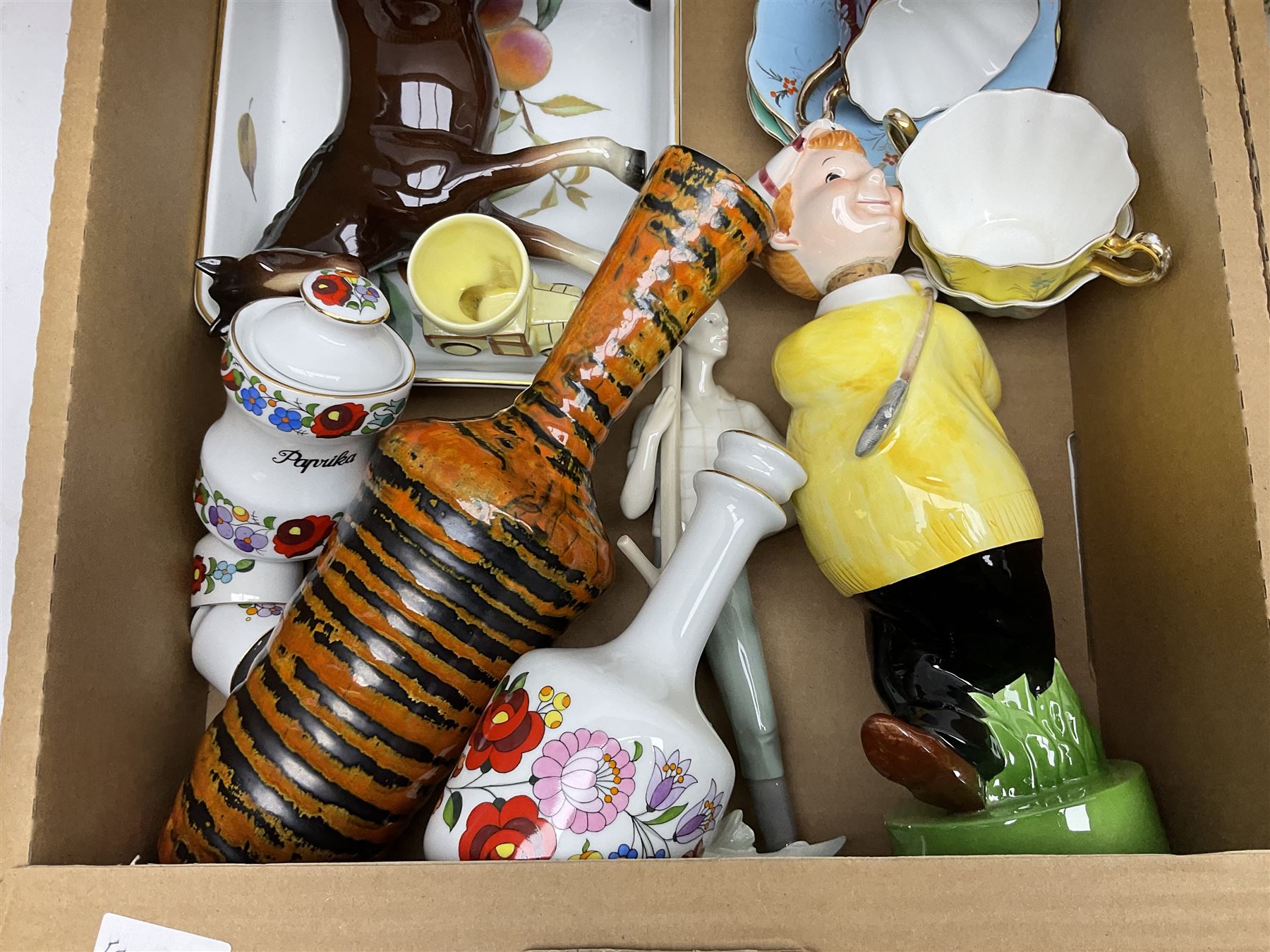 Quantity of ceramics, to include Royal Albert Old Country Roses coffee pot and large bowl, Villeroy & Boch, Wedgwood Majolica, Kalocsa of Hungary, Beswick Basset Hound, Herend of Hungary, mid century vase of tapering form with orange and black striped decoration, etc in three boxes