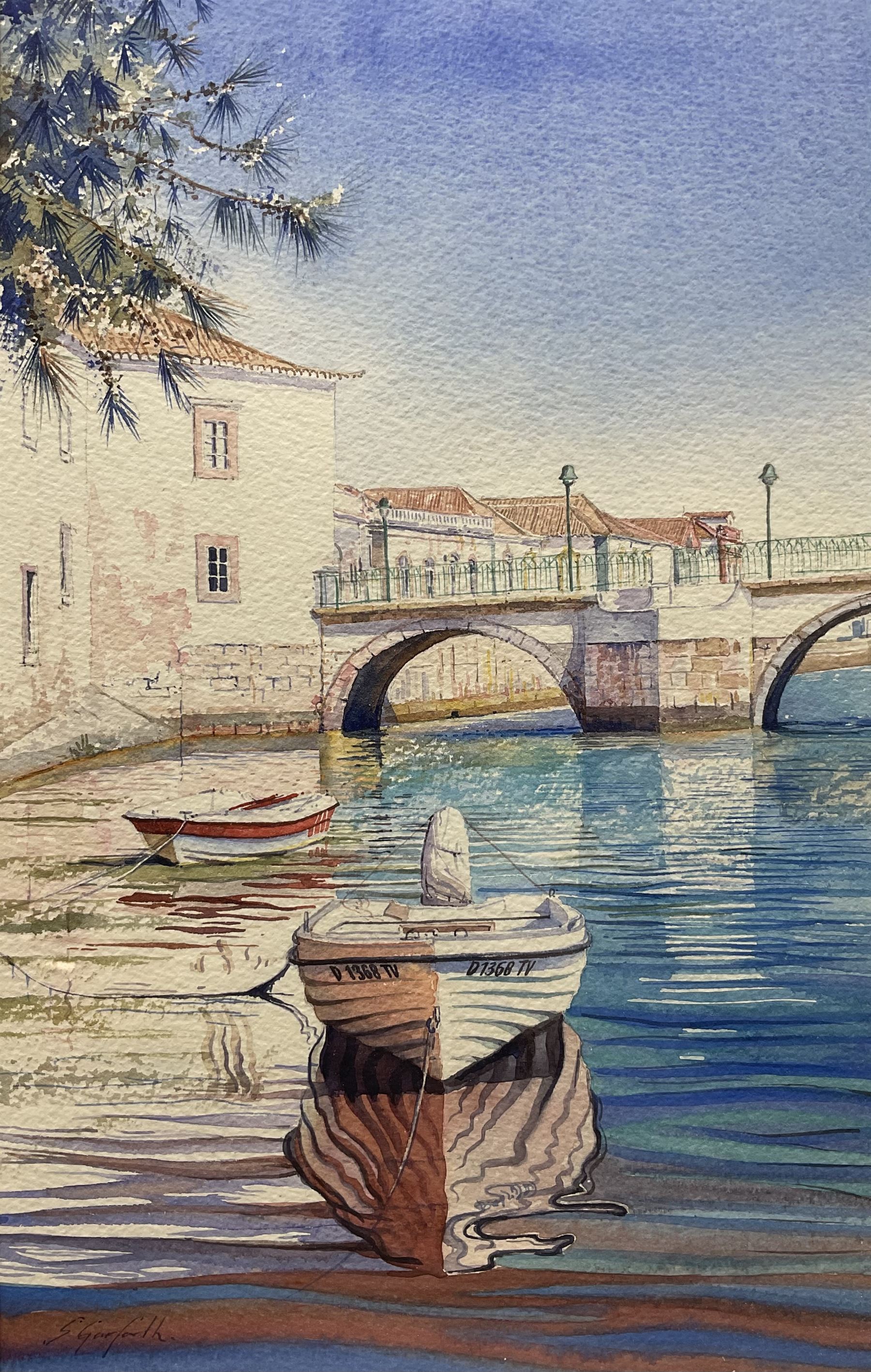 Sarah Garforth (British Contemporary): 'Tavira Roman Bridge Portugal', watercolour signed, titled verso 40cm x 25cm