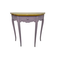 Painted console table, shaped top over single frieze drawer 