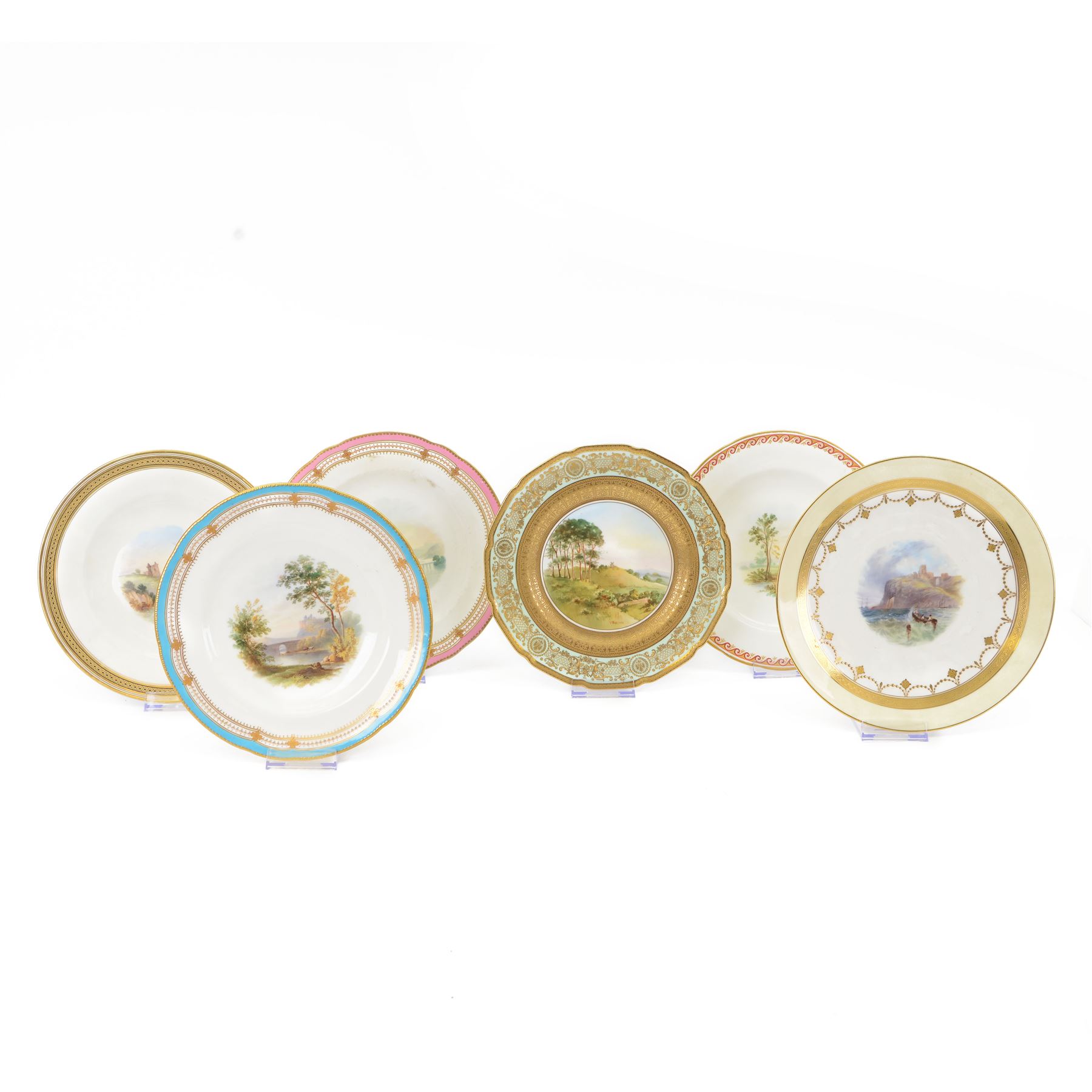 Six 19th century and later cabinet plates, including Royal Doulton example, the central panel decorated a with landscape signed T. Parton 