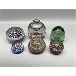 Murano millefiori paperweight, together with three other millefiori paperweights, millefiori ink bottle, Victorian green glass dump paperweight, with internal foil flower decoration, 20th century brass oil lamp, with large honeycomb cranberry glass shade, two wedgwood jasperware pots with covers, and a selection of other glassware