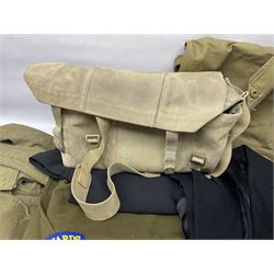 Two post-WWII British Army No.2 Dress tunics, one with Green Howards buttons; army shirt dated 1951; Royal Fleet Auxilliary jacket with trousers; three RAF/WAAF uniforms and RAF Greatcoat; and three canvas/webbing bags, two dated 1943 & 1945