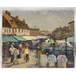 William Burns (Northern British 1923-2010): 'Beverley Market - Summer', oil on board signed, titled verso 20cm x 25cm (unframed) Provenance: Direct from the family of the artist.
Notes: Born in Sheffield in 1923, William Burns RIBA FSAI FRSA studied at the Sheffield College of Art before the outbreak of the Second World War, during which he helped illustrate the official War Diaries for the North Africa Campaign, and was elected a member of the Armed Forces Art Society. On his return, he studied architecture at Sheffield University and later ran his own successful practice, being a member of the Royal Institute of British Architects. However, painting had always been his self-confessed 'first love', and in the 1970s he gave up architecture to become a full-time artist, having his first one-man exhibition in 1979.