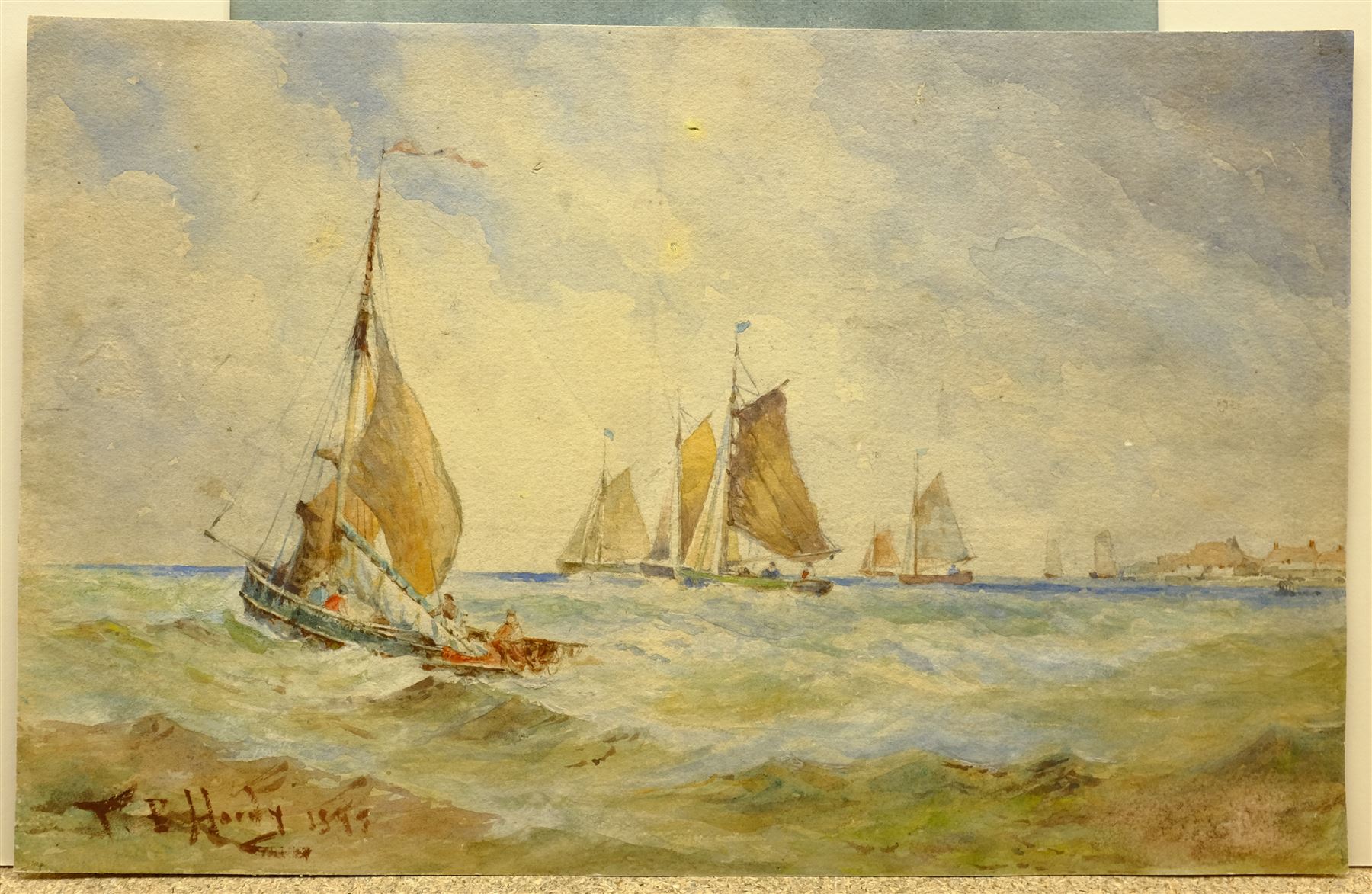 Thomas Bush Hardy (British 1842-1897): Shipping with Coastal Houses Beyond, watercolour signed and dated 1895, 22cm x 35cm (unframed)