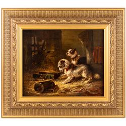 Zacharie Noterman (Belgian c1820-1890): Dogs Playing in a Stable, oil on panel signed 25cm x 30cm 