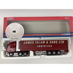 Corgi - three limited edition Hauliers of Renown lorries; CC13231 DAF XF Curtainside James Irlam & Sons Ltd; CC13420 MAN TGA Curtainside Woody's Express; and CC13603 DAF CF Curtainside Tyson H. H. Burridge Ltd; all boxed (3)