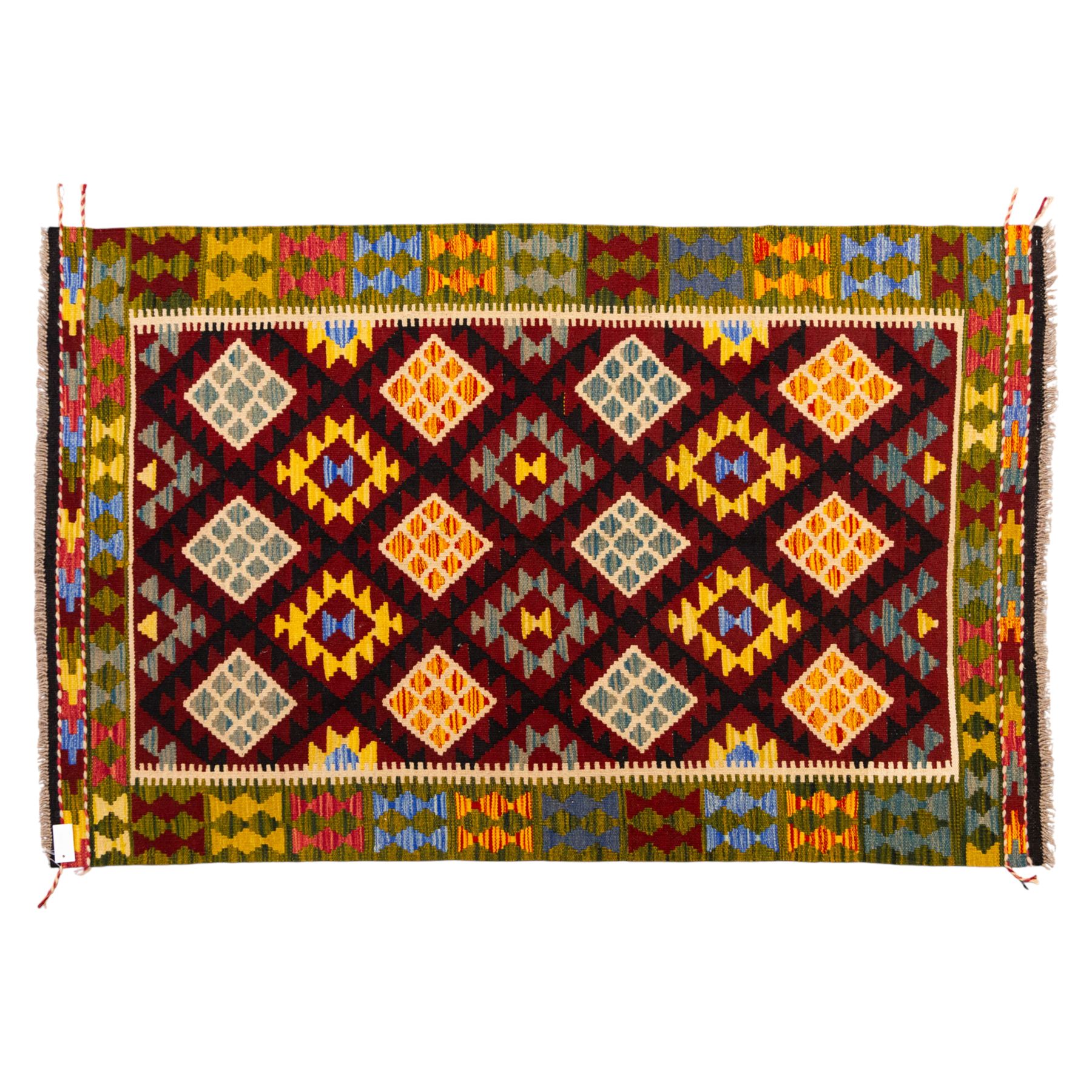 Afghan Maimana flatweave kilim, central crimson field features a large bold nested diamond motif and stylized geometric lozenge patterns on olive purple, blue, yellow and green tone ground, border stripe in teal ground, and fringe