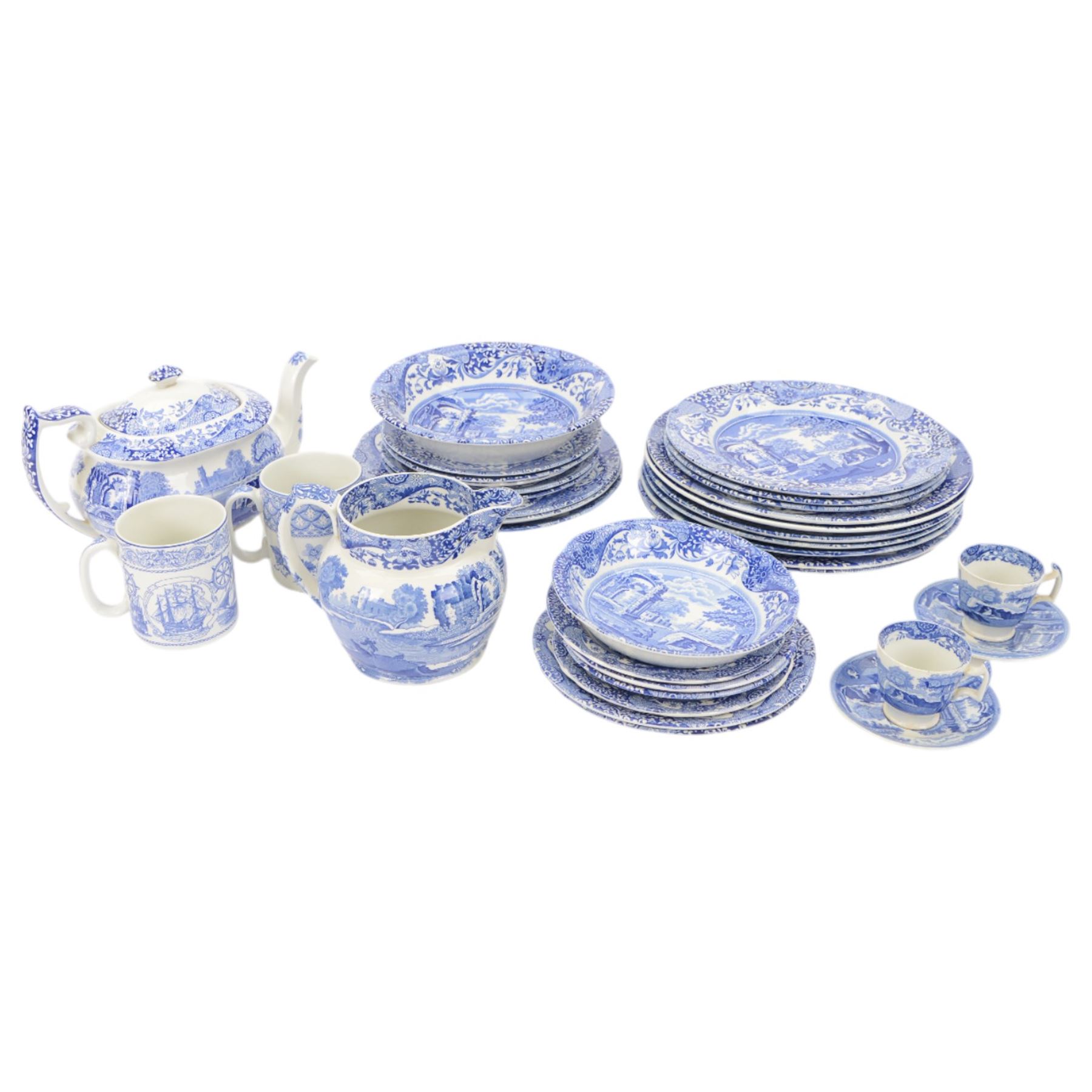 Collection of Spode Italian pattern, including two coffee cups and saucers, serving dish, jug, teapot etc 