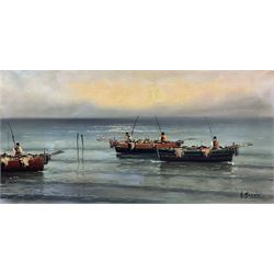 Italian School (20th century): Fishing Boats in Gentle Seas, oil on canvas indistinctly signed 39cm x 79cm