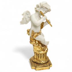 20th century clock garniture with musicians and putti, the gilt composite Italian clock with battery operated quartz mechanism, garnitures H34cm 