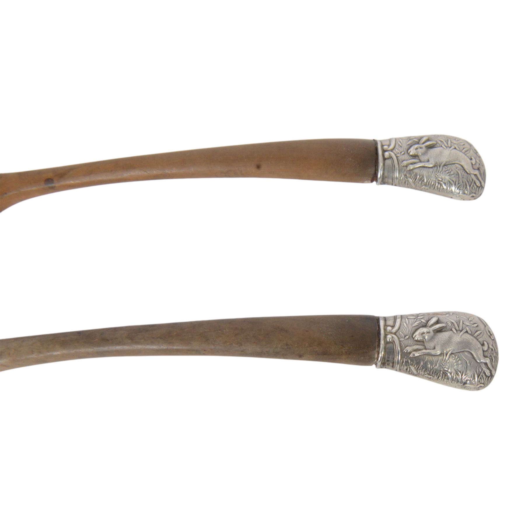 Simons Brothers, Philadelphia PA., circa 1880, American Arts and Crafts silver topped tureen salad servers, with silver with repousse decoration depicting a rabbit in long grass, the reverse marked Eda, marked sterling 1706 bearing makers mark for Simons Brothers   