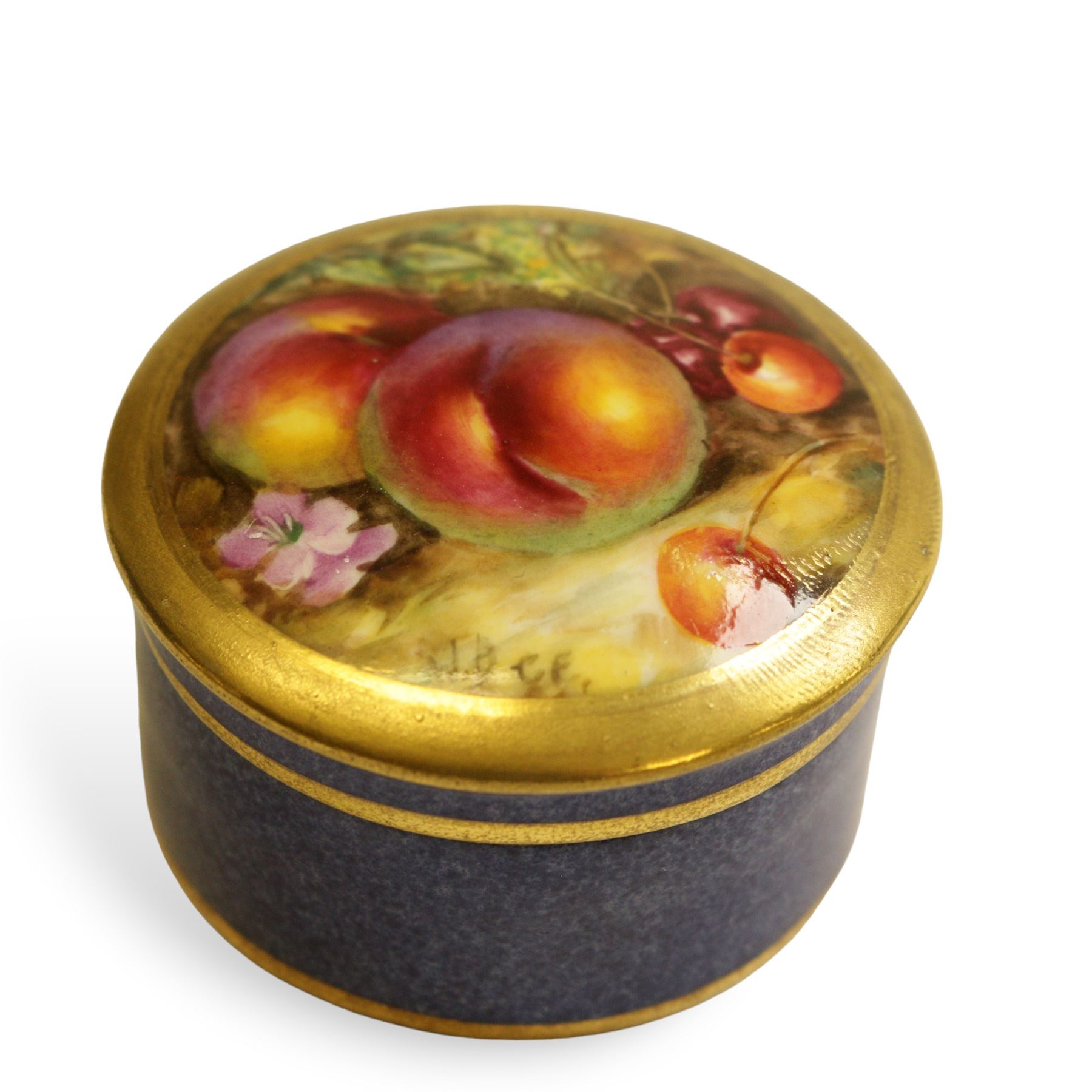 Royal Worcester pill box and cover, hand painted with apples and cherries to the lid, shape no 2781, signed W.Bee 
