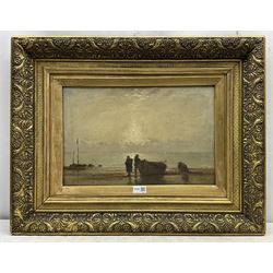 English School (19th century): Fisher Folk and Coble on the Beach at Sunset, oil on canvas unsigned 30cm x 45cm