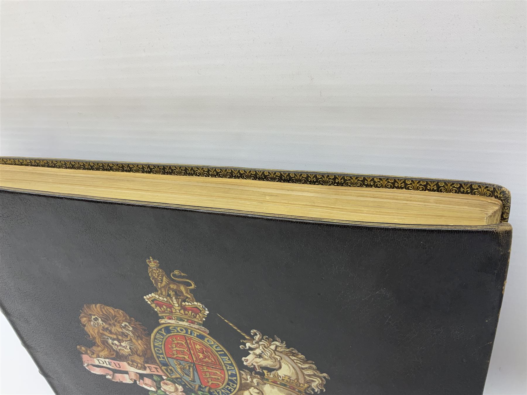 Balaschoff & Herbillon: L'Armee Allemande Sous L'Empereur Guillaume II. 1890 Paris. Forty-five laid-in chromolithograph plates together with numerous text illustrations. Oblong folio. Full moroccan leather and gilt binding with painted English Royal Crest to front cover and a.e.g.