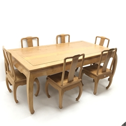 Eastern hardwood rectangular dining table, shaped supports (W217cm, H80cm, D119cm) and set six dining chairs, solid seat, shaped supports (W51cm)