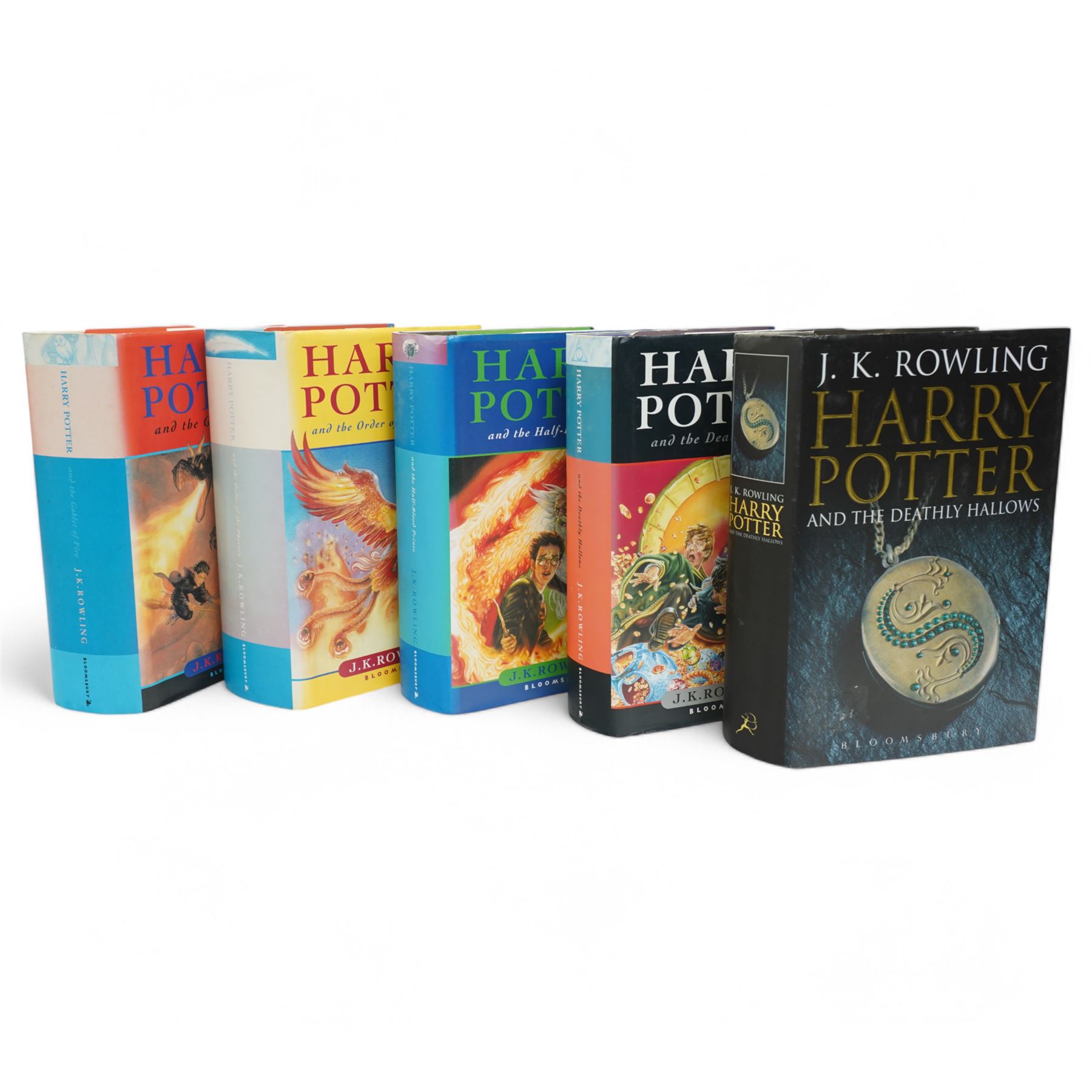 J.K.Rowling - Five Harry Potter books with dust jackets, four marked First Edition, the Half Blood Prince with misprint on page 99 and Order of the Phoenix with print error and two blank pages