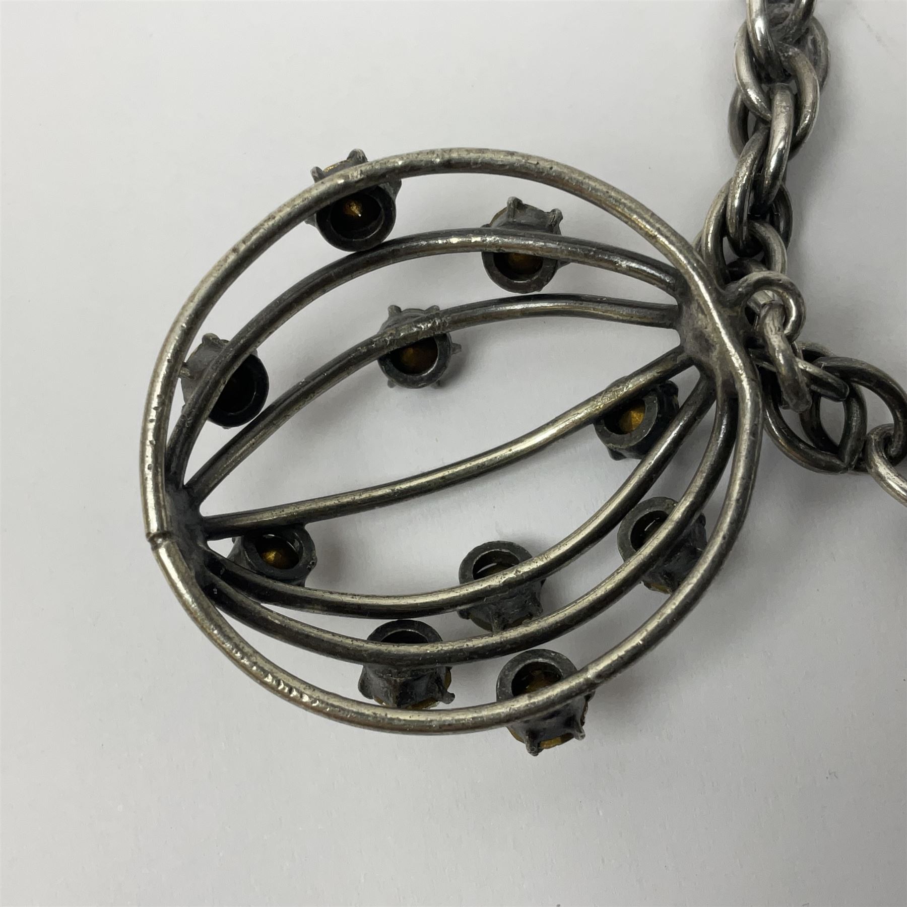 Joseff of Hollywood, circa 1950s metal and white paste necklace, with three graduated pendant drops set with white paste, to a Prince of Wales chain, signed with round script tag