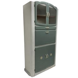 Lebus HL Furniture - mid-20th century cream and teal finish kitchen unit, fitted with glazed cupboard over single drawer and fall-front, double cupboard enclosing single shelf fitted to base