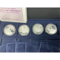 Sixteen Queen Elizabeth II silver proof coins from 'The Queen's Birthday Silver Coin Collection' all being dated 2006, including Alderney five pounds, Gibraltar five pounds, Nightingale Island one crown etc, housed in two cases