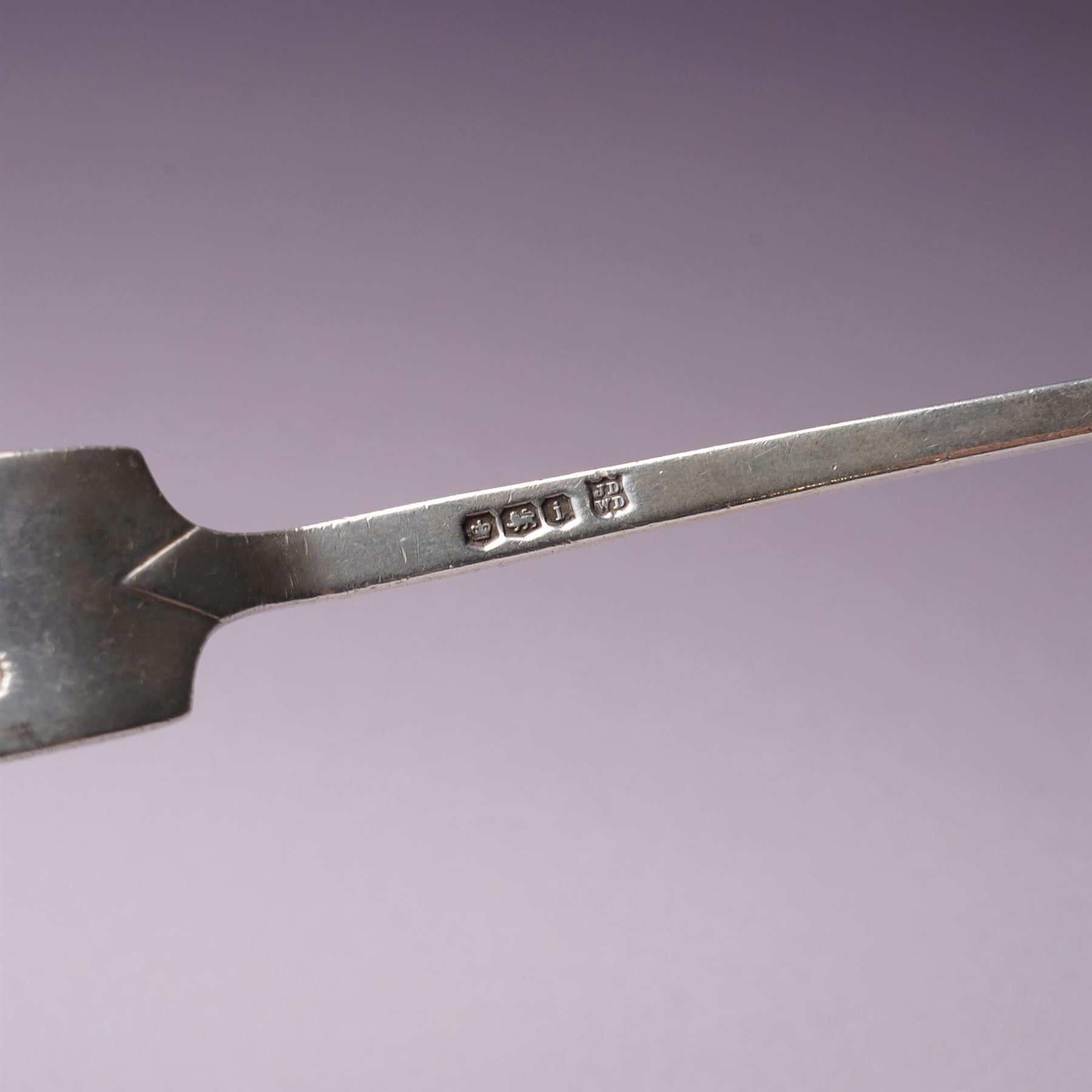 Silver topped glass trinket jar, small circular photograph frame and dessert fork