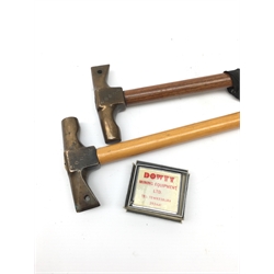  Two walking canes with Dowty bronze hammer head handles L84cm and a Dowty pocket tape measure in box (3)   