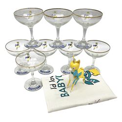 Breweriana; Eight Babycham glasses together with a Babycham plastic fawn mascot and linen I'd Love a Babycham tea towel